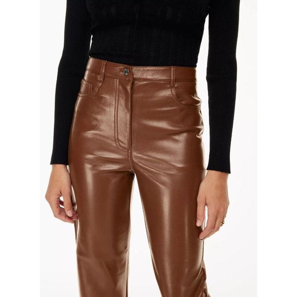 NWOT Aritzia WILFRED Melina Cognac Brown Vegan Leather Trousers Pants, Size 6 - Picture 3 of 14